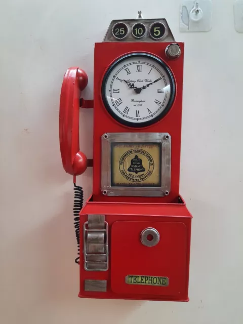 Metal Rojo Reloj Teléfono Cabina Victoriano Vintage Hogar Art Déco Mesa / Pared