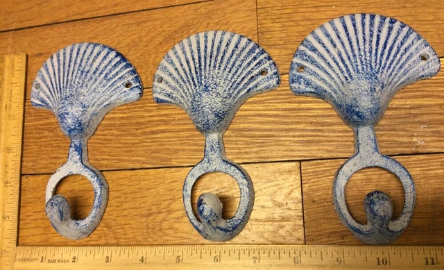 set of 3 SHELL COAT HOOKS 5-5/8 Cast Iron Rustic Antique Style Wall Hat Rack