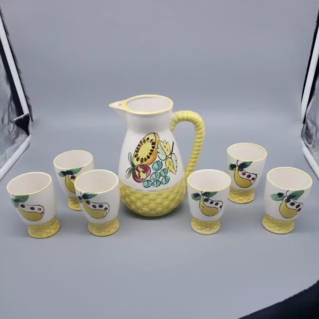 Vintage Nasco Del Coronado Japan Hand Painted Pitcher And 6 Cups yellow fruit