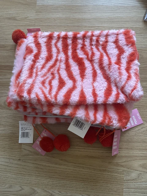 3 x PINK STRIPED - FLUFFY PENCIL POUCH    BNWT