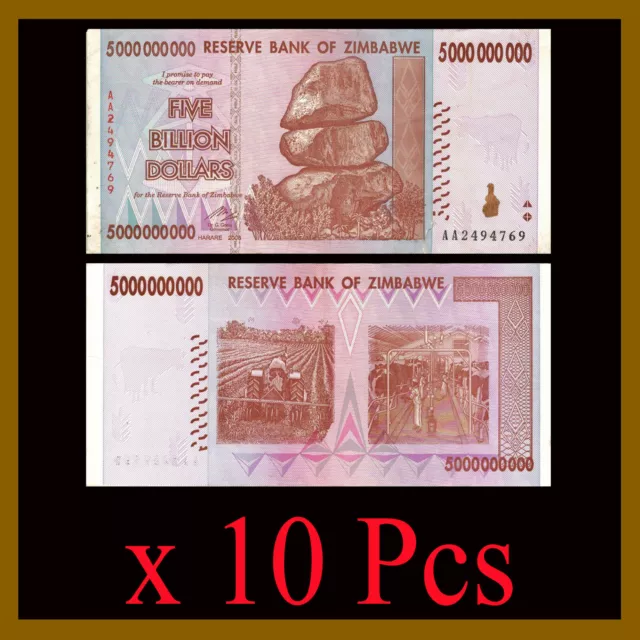 Zimbabwe 5 Billion Dollars x 10 Pcs, 2008 AA/AB Cir Used  COA