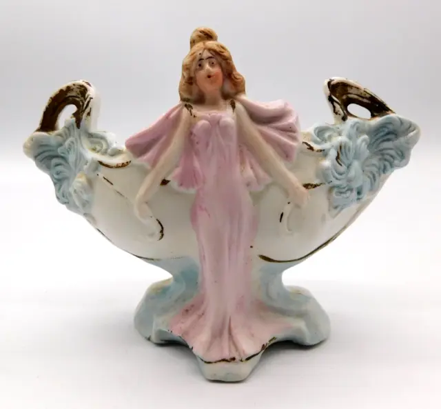 1920s Bisque Porcelain Art Nouveau German Hand Painted Nymph Flower Vase 4119