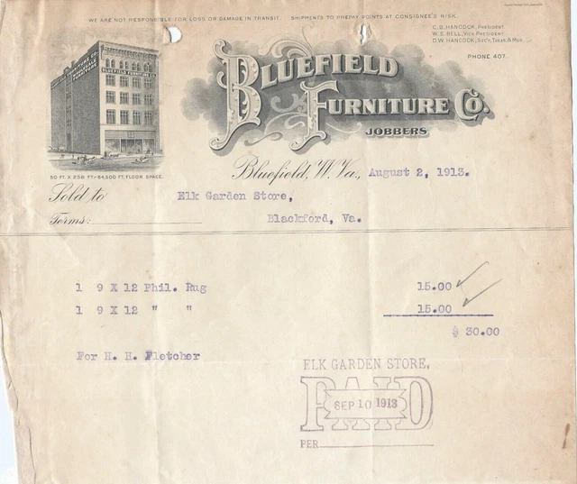 Bluefield Furniture Co Bluefield WV 1913 Illustrated Billhead LAST CHANCE SALE