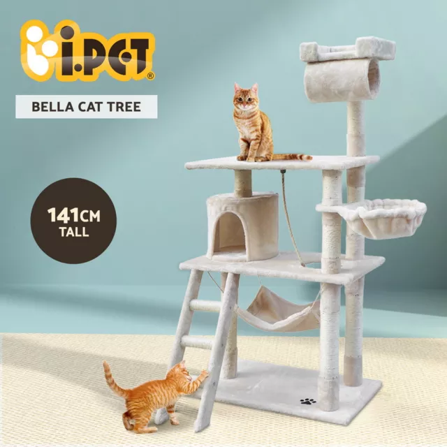 i.Pet Cat Tree Tower Scratching Post Scratcher 141cm Condo Wood House Bed Beige