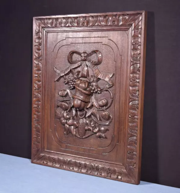 Antique French Deeply Carved Panel in Solid Oak Wood Salvage with Bow 2