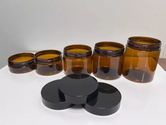 50ml 100ml 150ml 200ml 250ml Amber PET PLASTIC STORAGE JARS WITH LIDS PET TUB UK