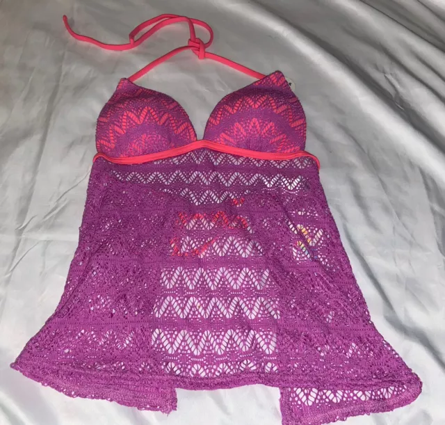 Hula Honey Crochet Fly Away Apron Push-up Swimsuit Tankini Top XS (A17)