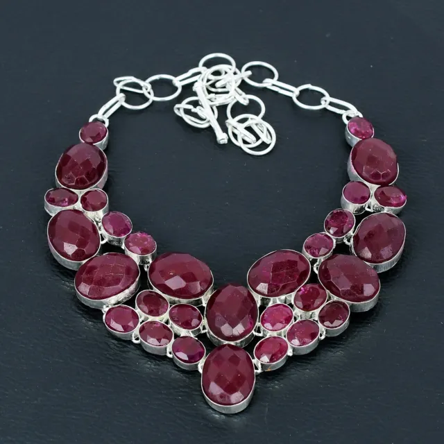 Kashmiri Ruby Gemstone 925 Sterling Silver Jewelry Gift Necklace 18" B896