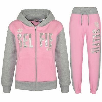 Kids #SELFIE Baby Pink & Grey Tracksuit Sequin Embroidered Hoodie Joggers Girls