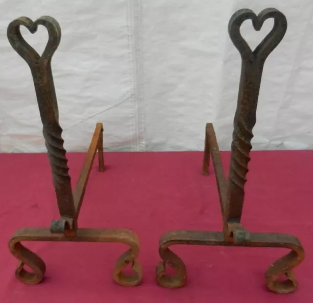 Antique Fancy Wrought Iron HEART Themed Andirons #3