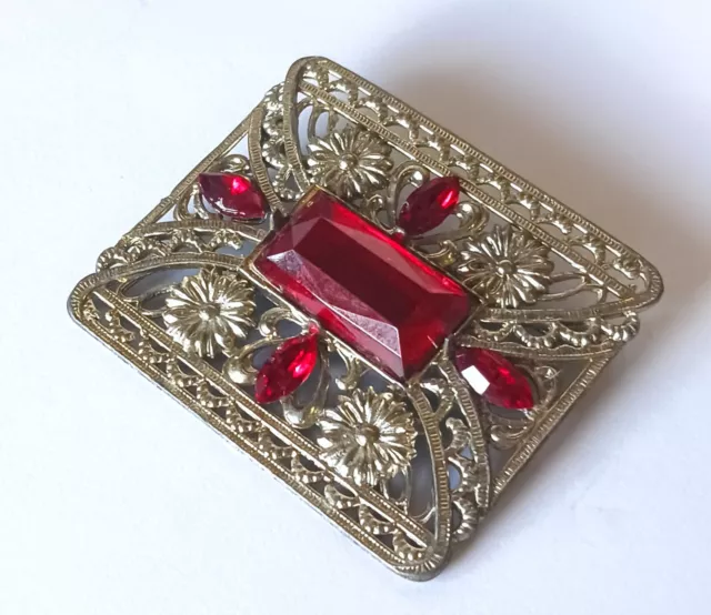 Antique Art Deco Floral Brooch Marked A1: Silver w/ Ruby Red Glass Stones