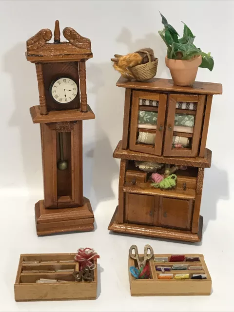 Vintage Miniature Wood Dollhouse Cabinet w Sewing Items & Clock