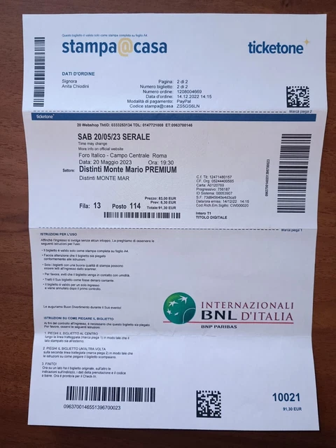 2 biglietti BNL Internazionali d'Italia Roma 2023 Tennis Finale WTA Tickets