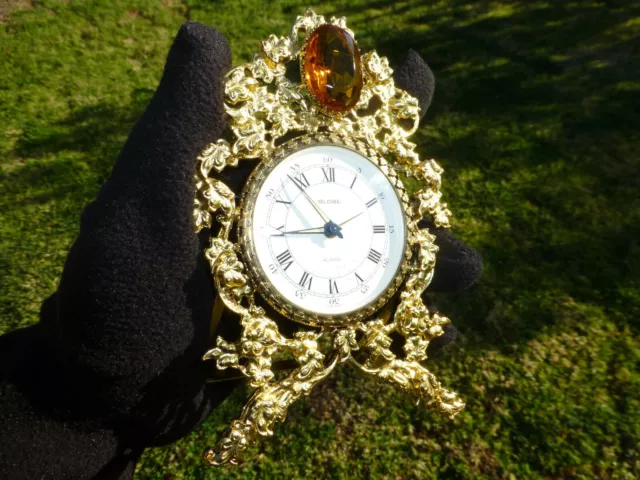 Antique Vintage German Gold Gilt Brass Mantel Alarm Clock With Yellow Topaz Gem