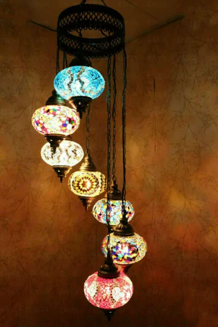Lámpara colgante de cristal turco marroquí con mosaico de techo 7 grandes globos