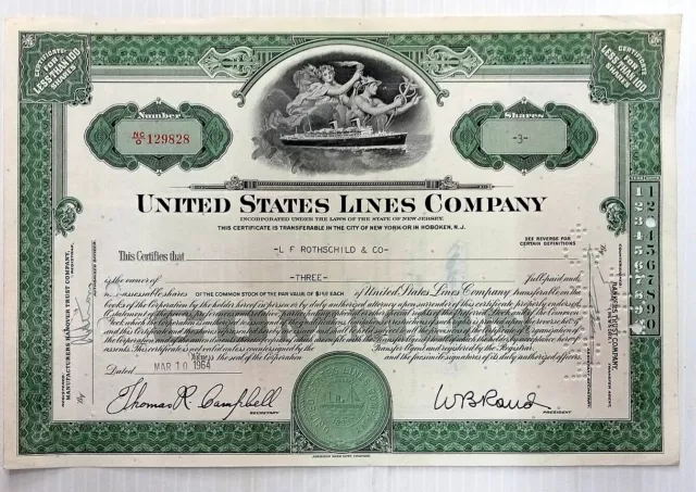 USA Lines Company 1964 share certificates for 3 & 100 shares (2)
