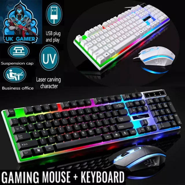 Gaming Keyboard Mouse Set Rainbow RGB LED Wired USB For PC Laptop PS5 Xbox One