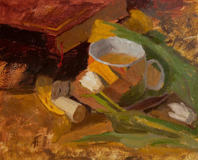 Pittura a olio originale, cibo e fiori Still Life, arte della cucina...