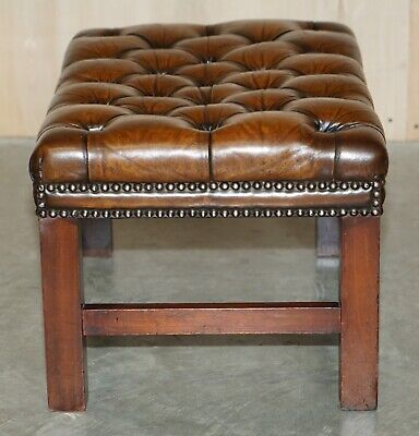 Vintage Fully Restored Chesterfield Hand Dyed Brown Leather Tufted Footstool 7