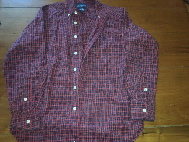 Ralph Lauren Boys Button Up Dress Shirt Plaid Sz Sm 8 Red Blue Long Sleeve