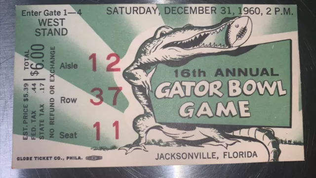 1960 Florida Gators vs Baylor Gator Bowl Replica Ticket Stub