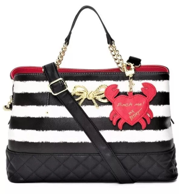 Betsey Johnson Striped Shopper Crossbody Handbag Crab Charm Purse NWT $98