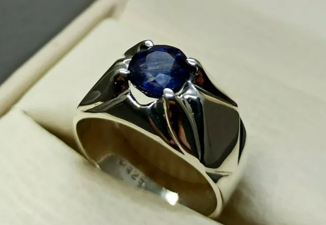 Natural Round Cut 1 Ct Deep Blue Sapphire Sterling Silver 925 Handmade Mens Ring