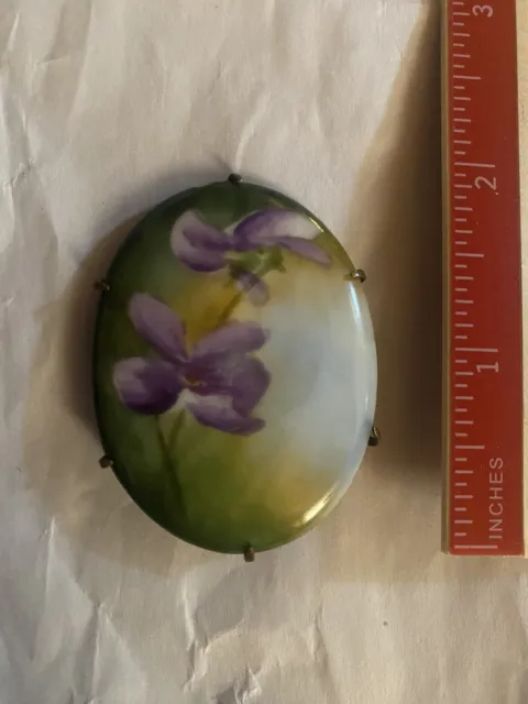 Beautiful Victorian Gold Washed Limoges Porcelain Hand Painted Violets Pin!