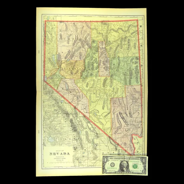 Vintage NEVADA Map LARGE Old Original ca 1901 Antique CARSON CITY ELKO NV