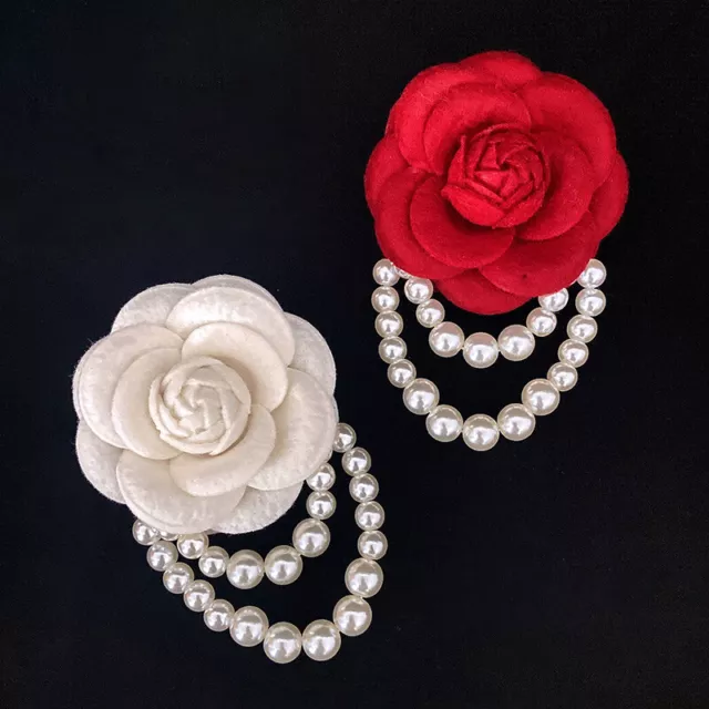 Women Fashion Fabric Camellia Flower Brooches Pins Pearl Corsage Jewelry Brooch