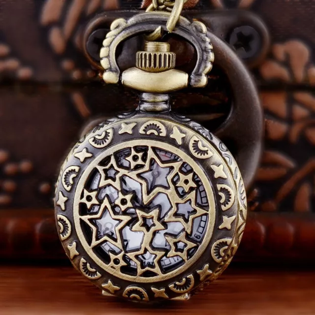 Bronze Star Quartz Vintage Pocket Watch For Men Necklace Pendant Chain Antique