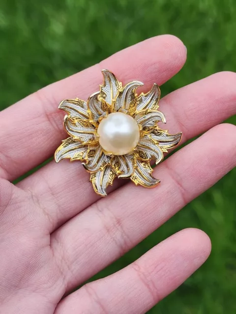 Vintage Gold Tone Damascene Faux Pearl Flower Pin Brooch