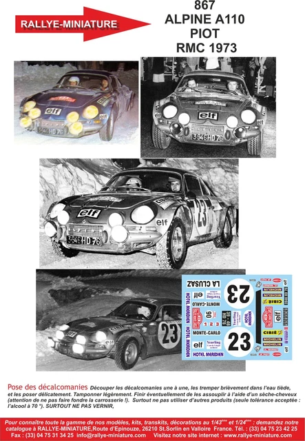 DECALS 1/43 ALPINE Renault A110 Andersson Rallye Monte Carlo 1973 Wrc