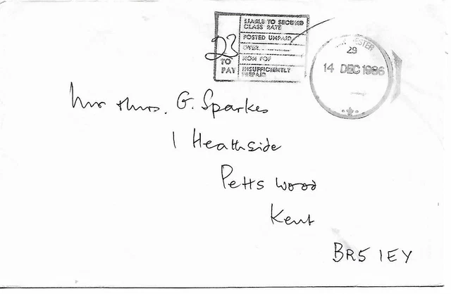 23p TO PAY CACHET ON 1986 COVER TO KENT  MY REF  63
