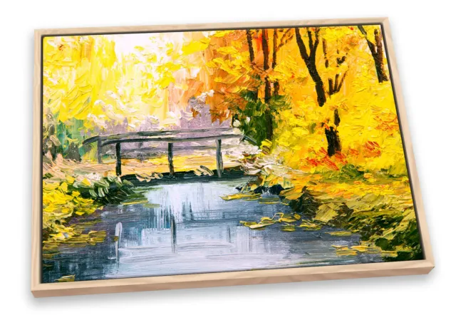 Yellow Autumn River Bridge CANVAS FLOATER FRAME Wall Art Print Picture