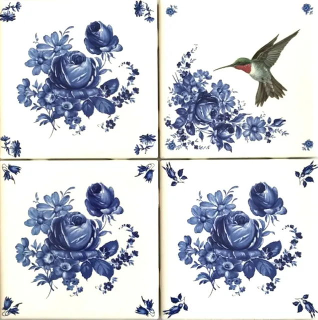 Blue Delft Rose with Hummingbird 4.25" x 4.25" Kiln Fired Delft Design set of 4