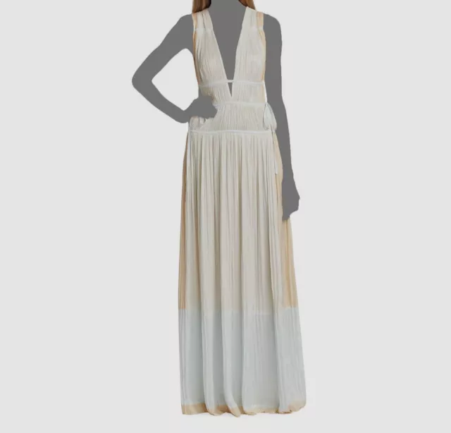 $925 Ulla Johnson Women White Two-Tone V-Neck Cutout Side Tie Maxi Dress Size 10