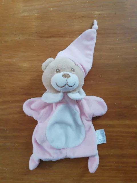 DOUDOU MARIONNETTE MES PETITS CAILLOUX OURS rose COL ROND BLANC BONNET