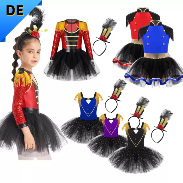 DE! Kinder Mädchen Ringmaster Zirkus Kostüm Pailletten Quaste Tutu Kleid Leotard