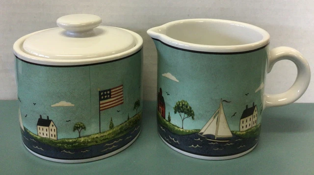 Sakura Warren Kimble Creamer & Sugar Bowl W/Knobbed Lid Coastal Breeze Pattern