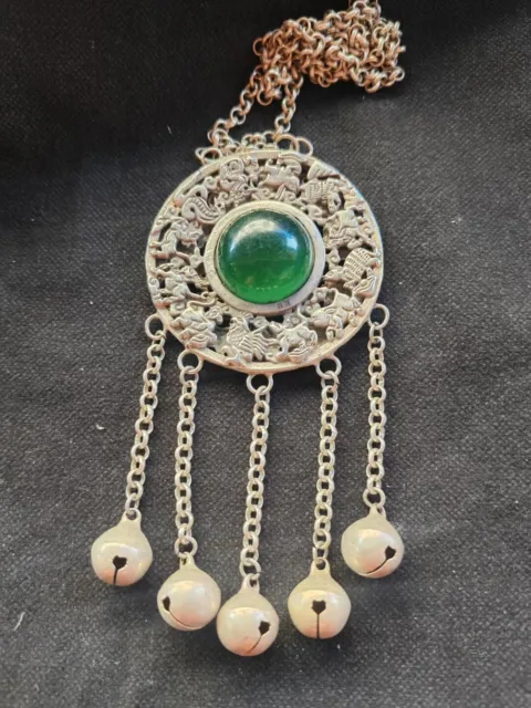 Elegant Vintage. Tibetan Silver Copper Handmade Inlaid Green Jade Necklace Y87