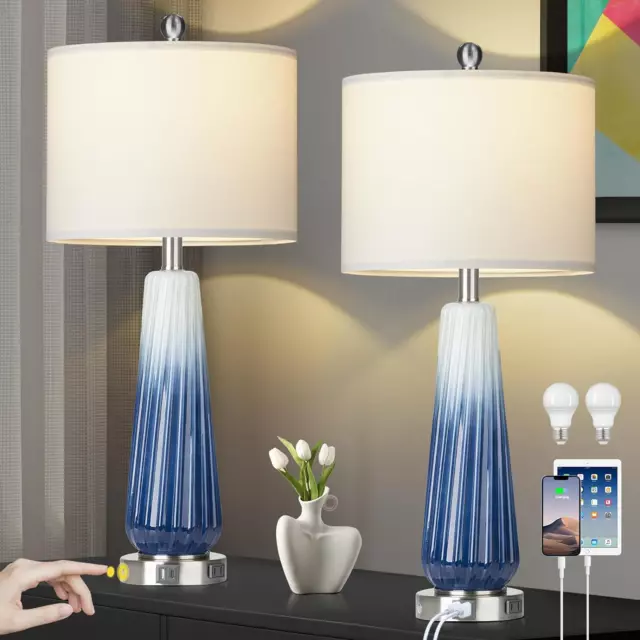 28" Glass Table Lamp Set of 2, Modern Table Lamps with USB A+C Ports & AC Outlet