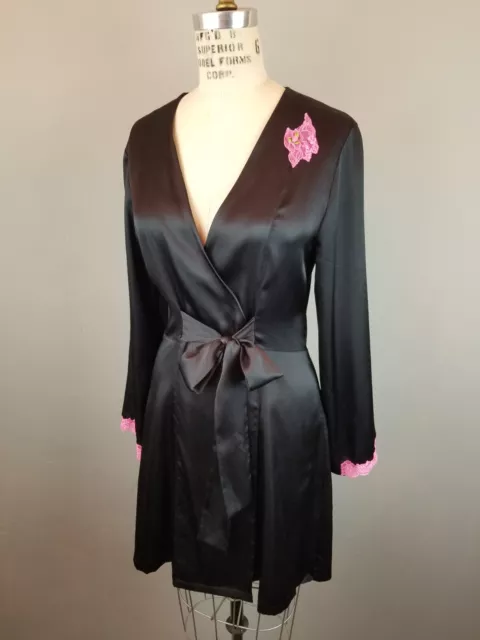 Betsey Johnson Intimates Black Satin Robe with Pink Lace Accents Medium / Large