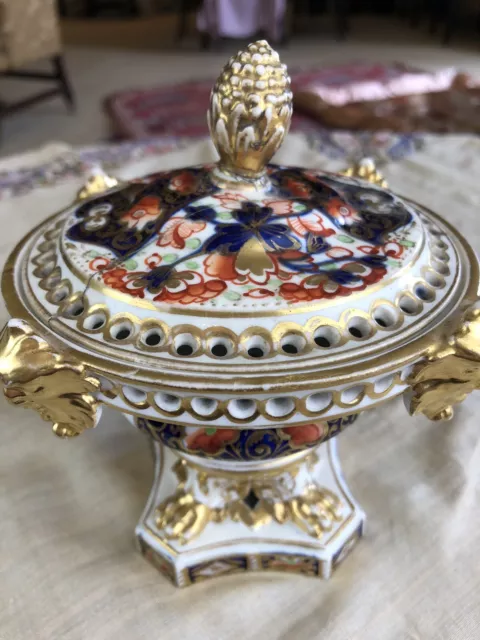 Antique Derby English Porcelain Imari Lidded Gilt Pot Pourri