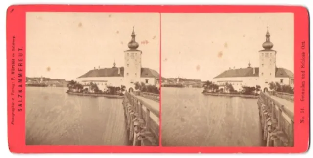 Stereo-Fotografie F. Würthle, Salzburg, Ansicht Gmunden, Schloss mit Uferpartie