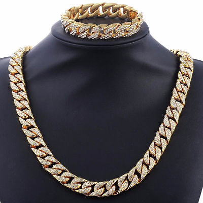 Silver Gold Curb Cuban Link Womens Mens Necklace Bracelet Chain Set Hip Pop New