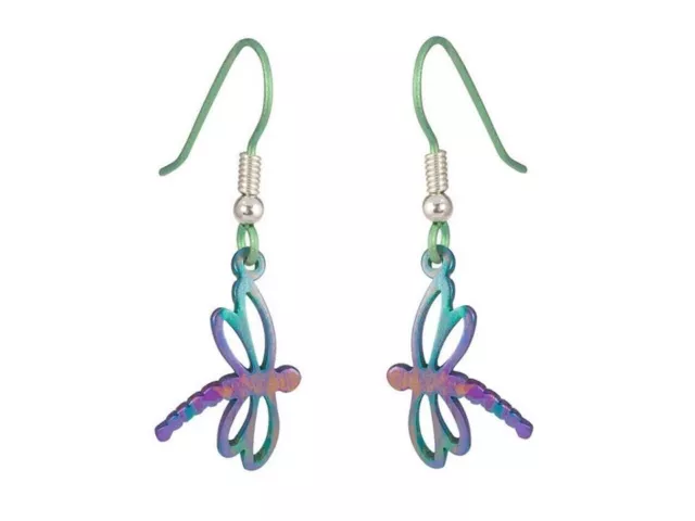 Ti2 Womens Jewellery Titanium Rainbow Dragonfly Hook Wire Earrings 35mm drop