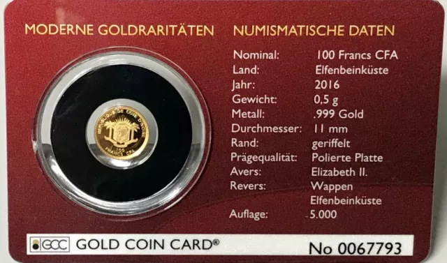 0,5 g Goldmünze, 999.9, 100 Francs Elfenbeinküste, 90. Geb. Queen Elizabeth II