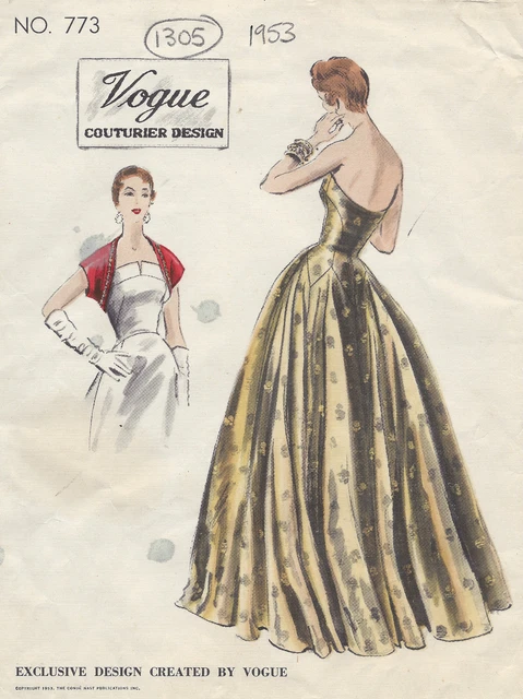 1953 VINTAGE VOGUE Sewing Pattern B30 EVENING DRESS/GOWN & BOLERO (E1305)  19.99 - PicClick UK