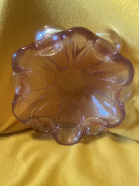Vintage PINK SPECKLES Murano Hand Blown Art Glass Candy Bowl Star Shaped Flower